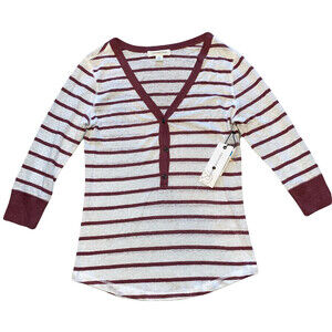 Treasure & Bond Women’s Linen Henley 3/4 Sleeve White Rust Stripe Top Size M